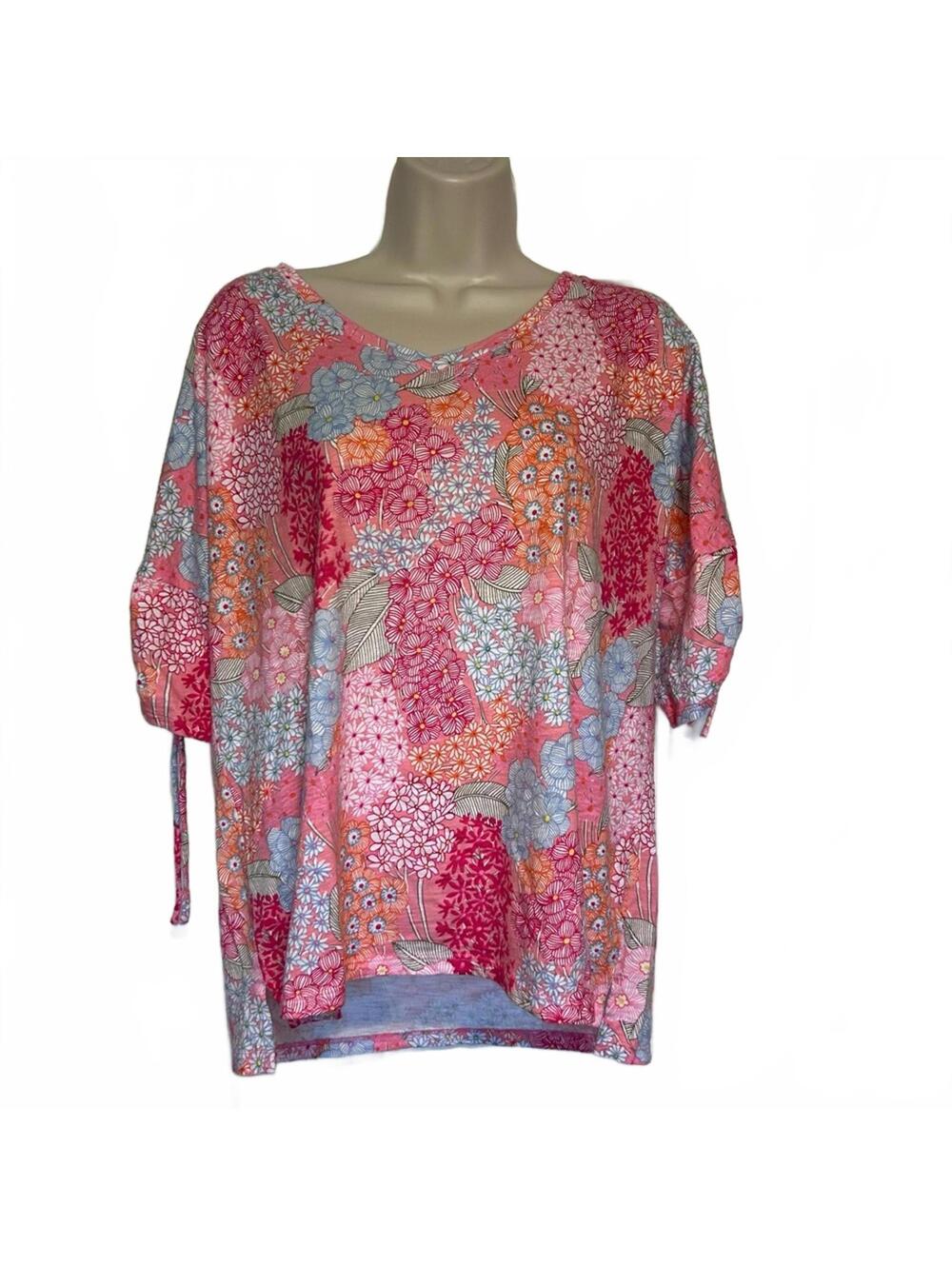 TALBOTS Cotton Modal Floral V-Neck Top w/ Ruched 1/2 Sleeve | Size Large Petite